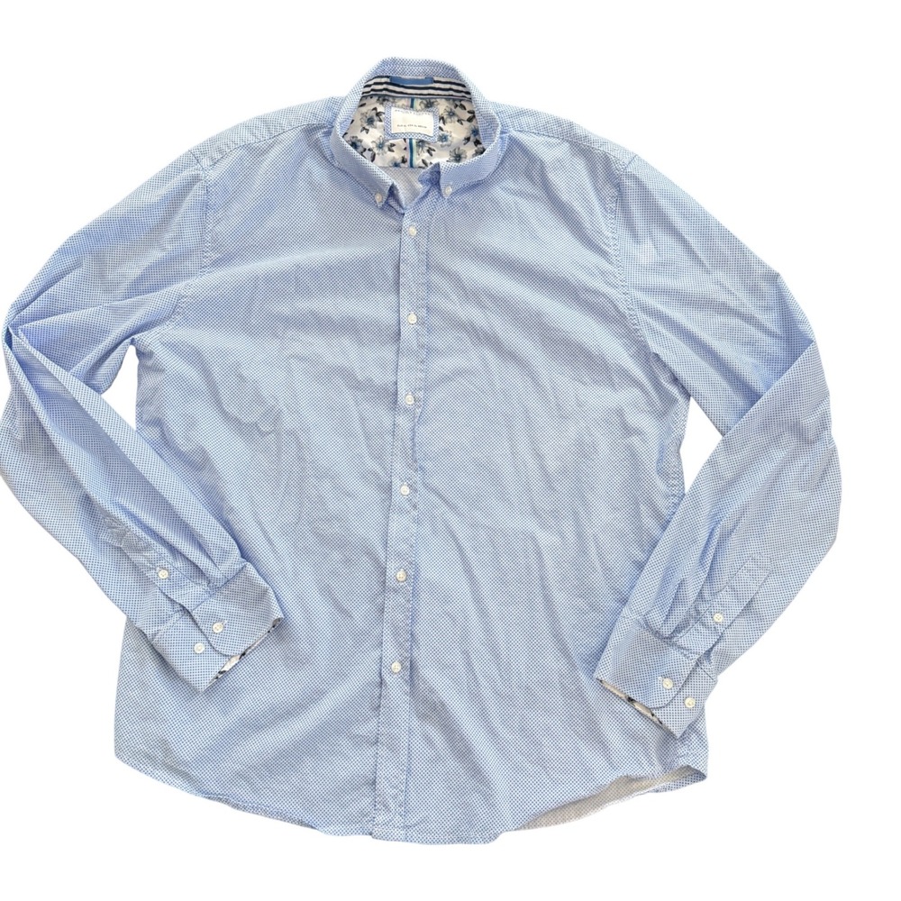Denim & Flower Ricky Singh Mens XL Blue White Dotted Button Down Shirt